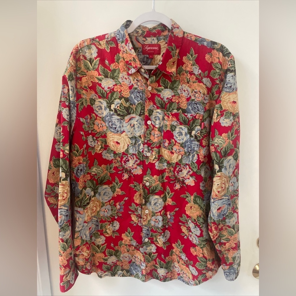 Supreme New York Cotton Button Up Red Floral SS14 L/S Shirt Top Size L